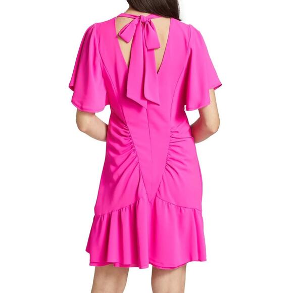 Le Superbe Waikiki Ruched Ruffle Mini Dress Keyhole Neck Flutter Sleeve Pink 2 - Picture 3 of 16